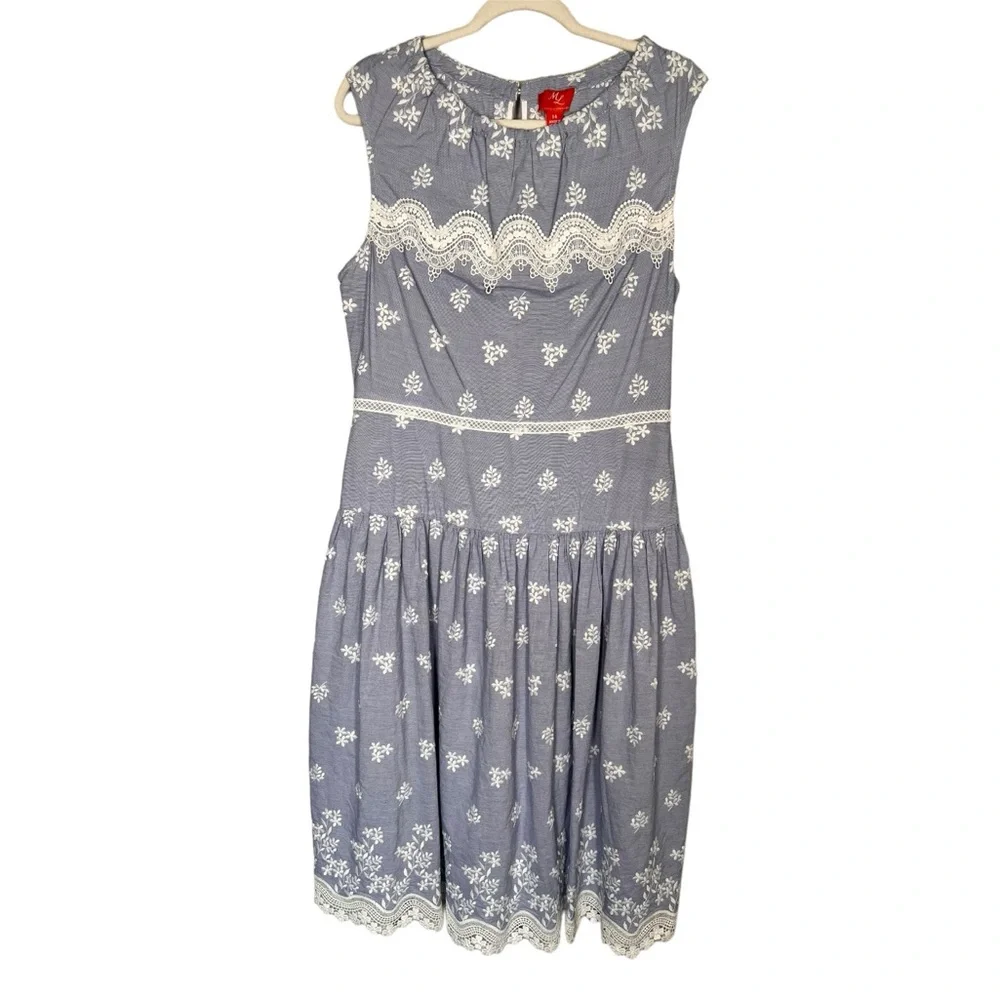 Monique Lhuillier Blue Sleeveless Embroidered Lace Poplin Midi Dress Size 14 - Picture 6 of 16